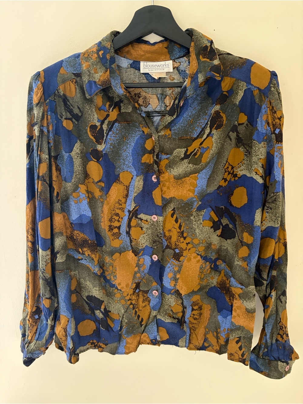 Vintage Blue and brown Abstract Button-Front Top blouse
